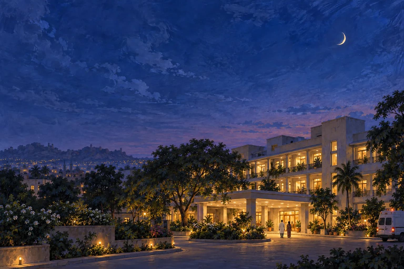 A painted Indian hospital campus at dusk, with warm windows and a welcoming courtyard.